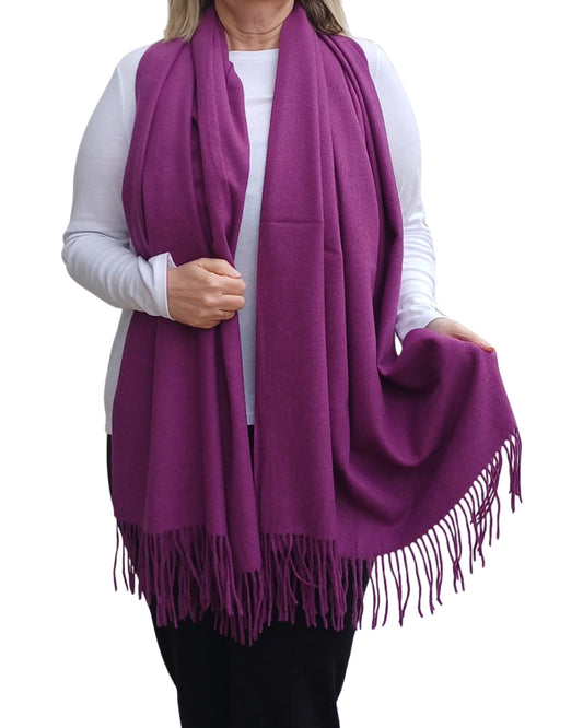 Purple cashmere blend blanket scarf full length, medium weight with tassels, vibrant elegant winter accessory