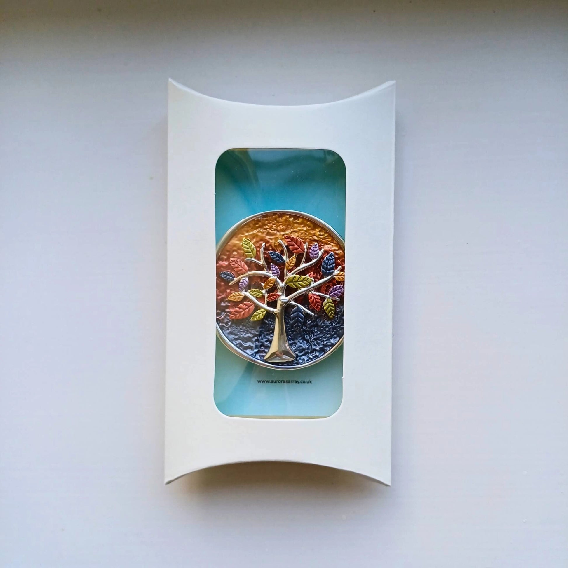 colourful tree of life magnetic brooch in white pillow box