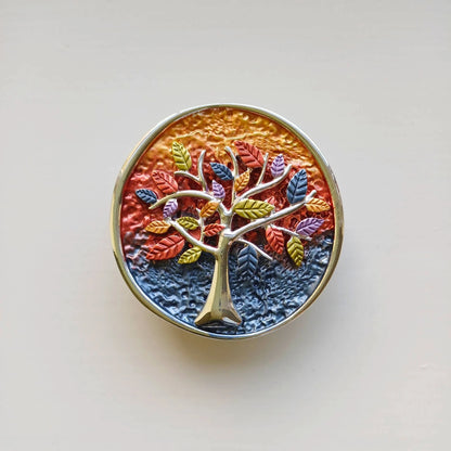 colourful tree of life magnetic brooch multi colours on wooden background