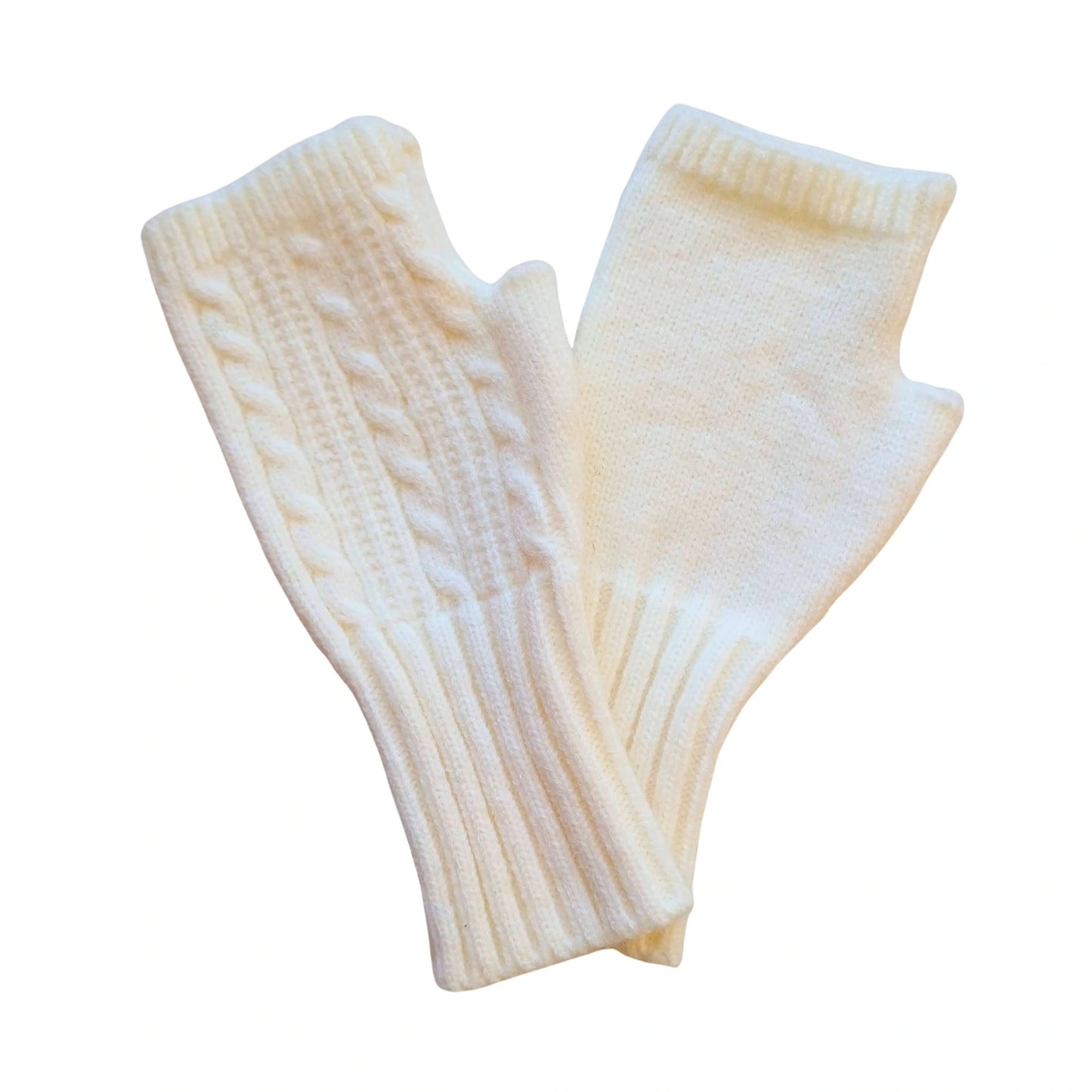 cream wool blend cable knit fingerless gloves on a white background