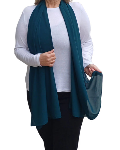 Dark teal chiffon scarf shown on model, lightweight georgette style — Aurora’s Array UK