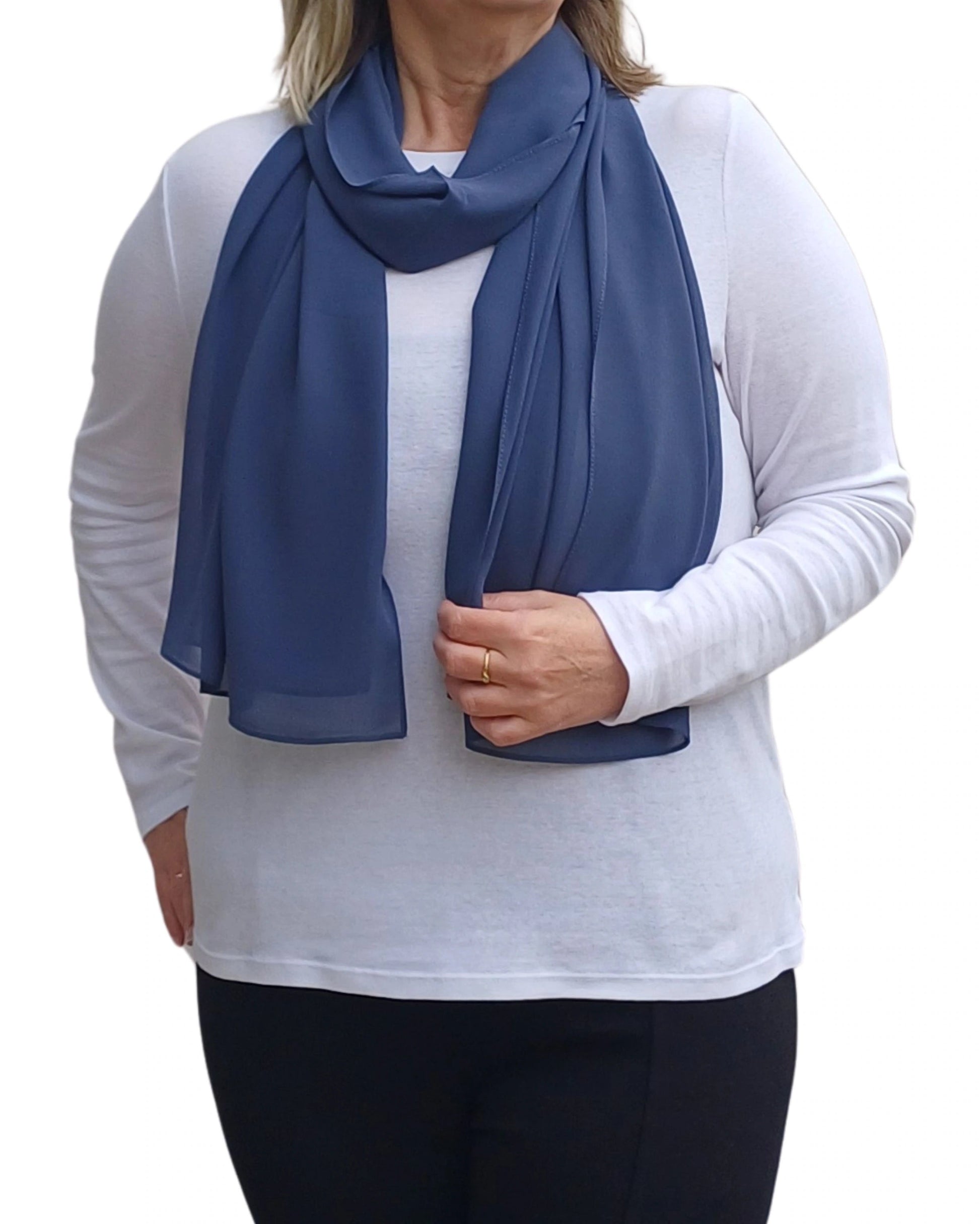 Denim blue chiffon scarf draped on model, stylish party and gifting idea — Aurora’s Array UK