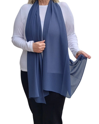 Denim blue chiffon scarf shown on model, soft lightweight wrap for elegant outfits — Aurora’s Array UK