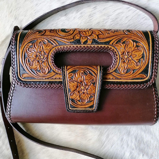 Elegancia hand-tooled leather shoulder bag with strap and floral detail