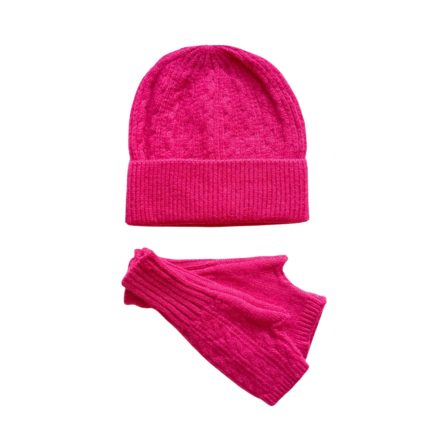 Fuchsia pink knitted beanie hat and fingerless gloves set from Aurora's Array