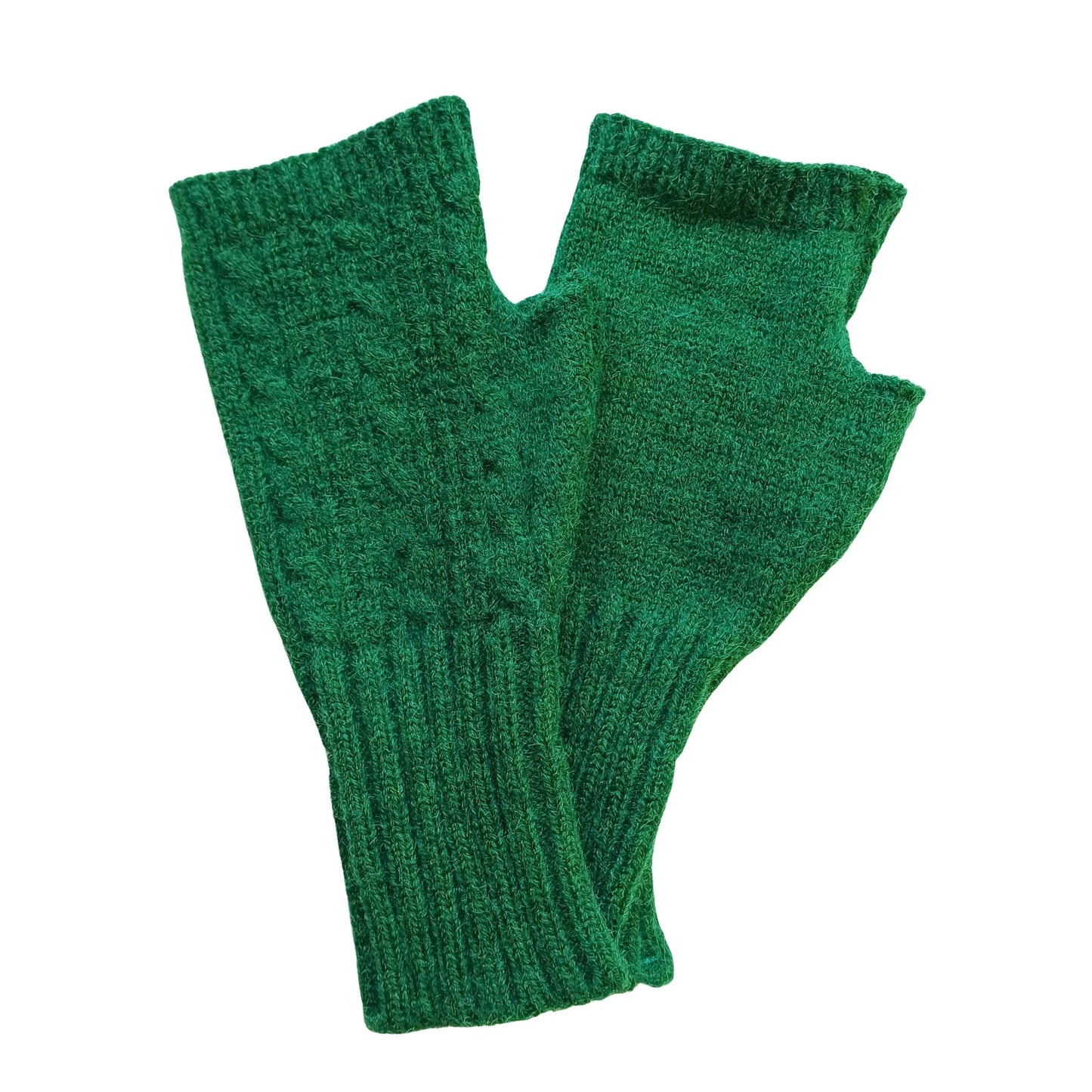 green wool blend cable knit fingerless gloves on a white background