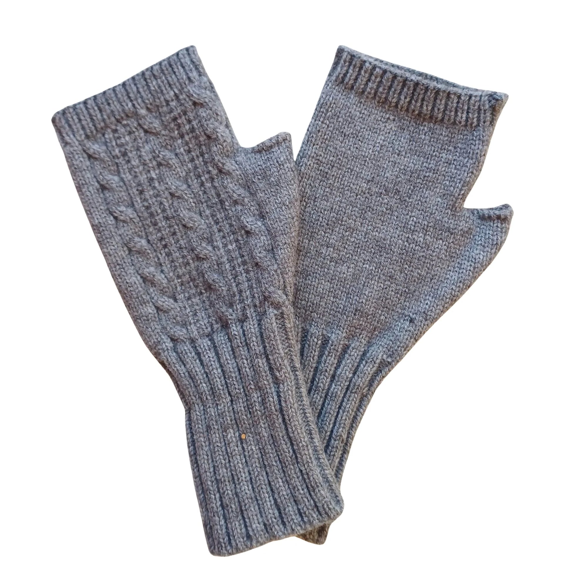 grey wool blend cable knit fingerless gloves on a white background