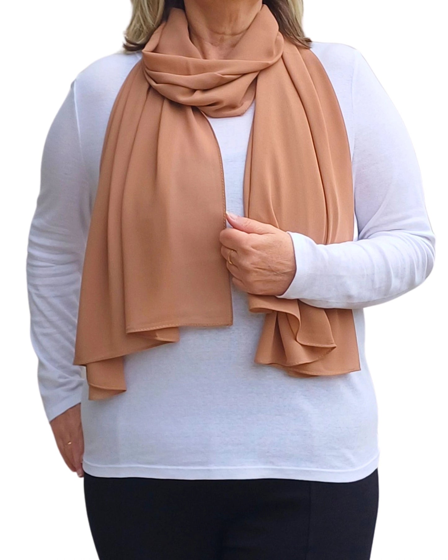 Latte chiffon scarf draped on model, soft georgette shawl perfect for gifting — Aurora’s Array UK