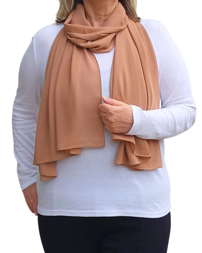 Latte chiffon scarf draped on model, soft georgette shawl perfect for gifting — Aurora’s Array UK