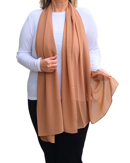 Latte chiffon scarf shown on model, warm neutral lightweight wrap for elegant outfits — Aurora’s Array UK
