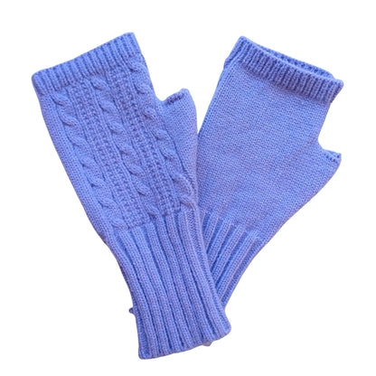 lilac wool blend cable knit fingerless gloves on a white background