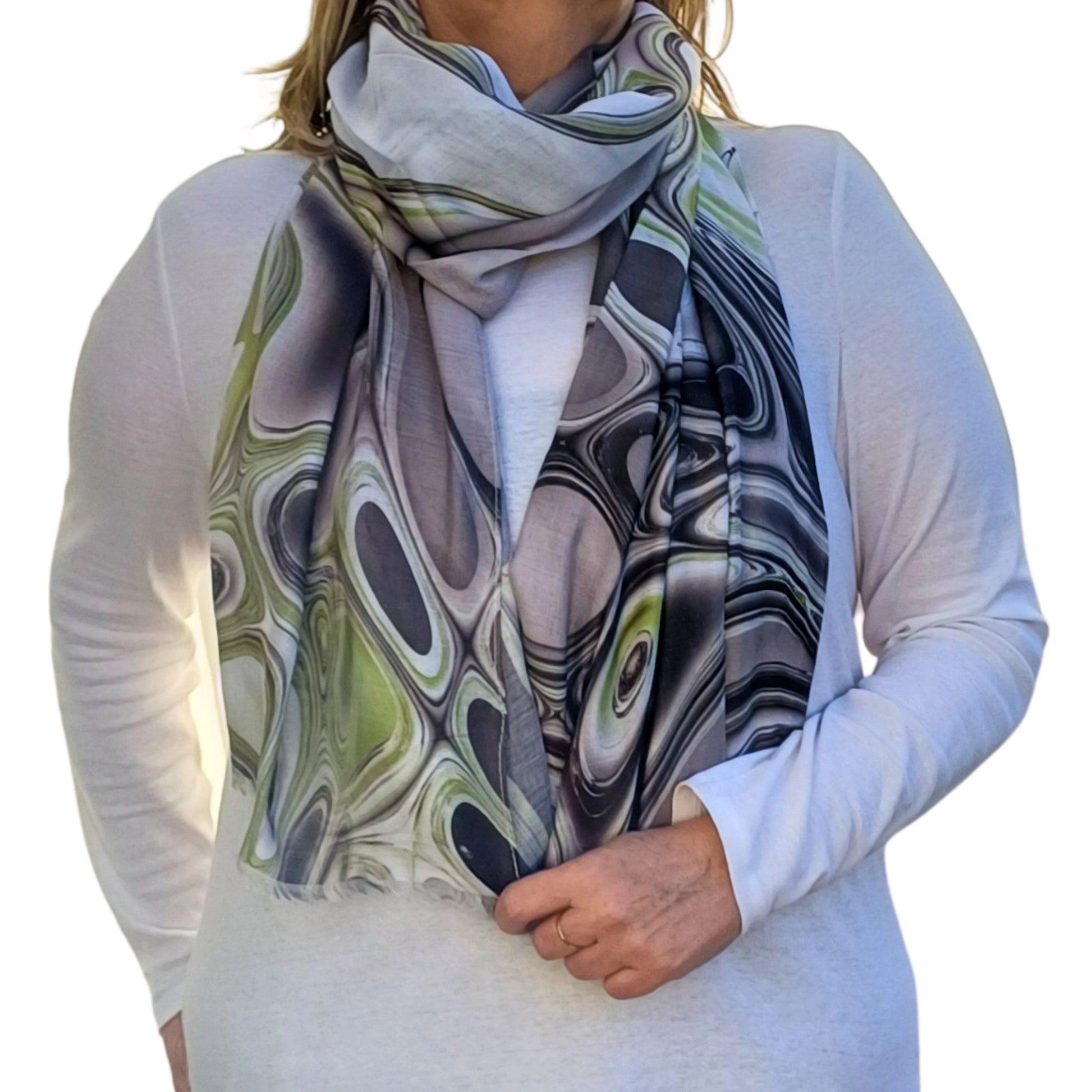 Lightweight marble style scarf in green and grey shown draped at the front