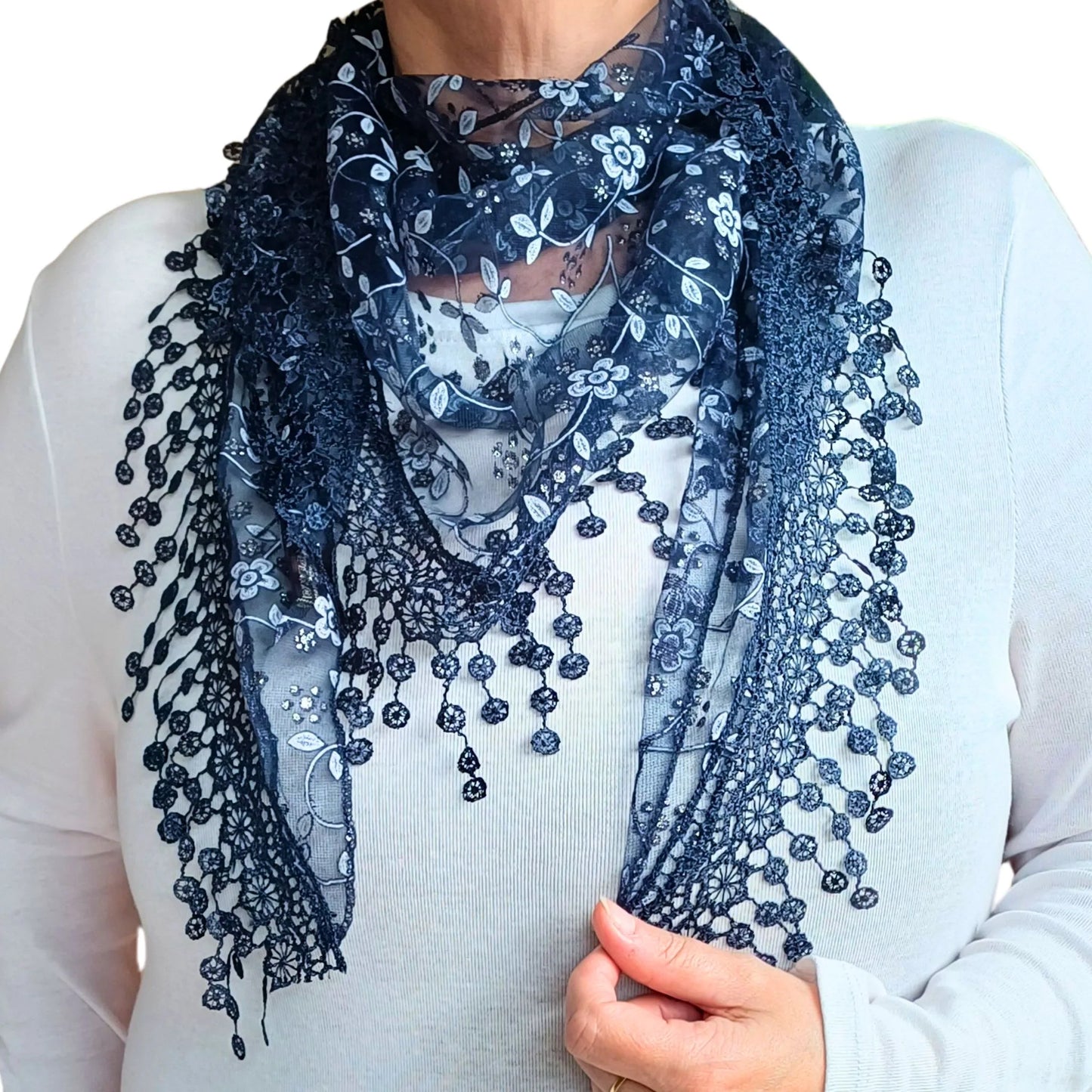 midnight blue glitter triangle scarf with lace embroidery styled on model auroras array