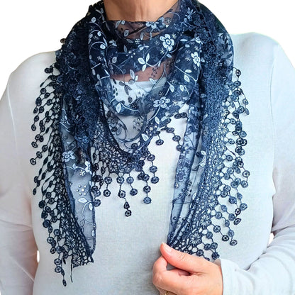 midnight blue glitter triangle scarf with lace embroidery styled on model auroras array