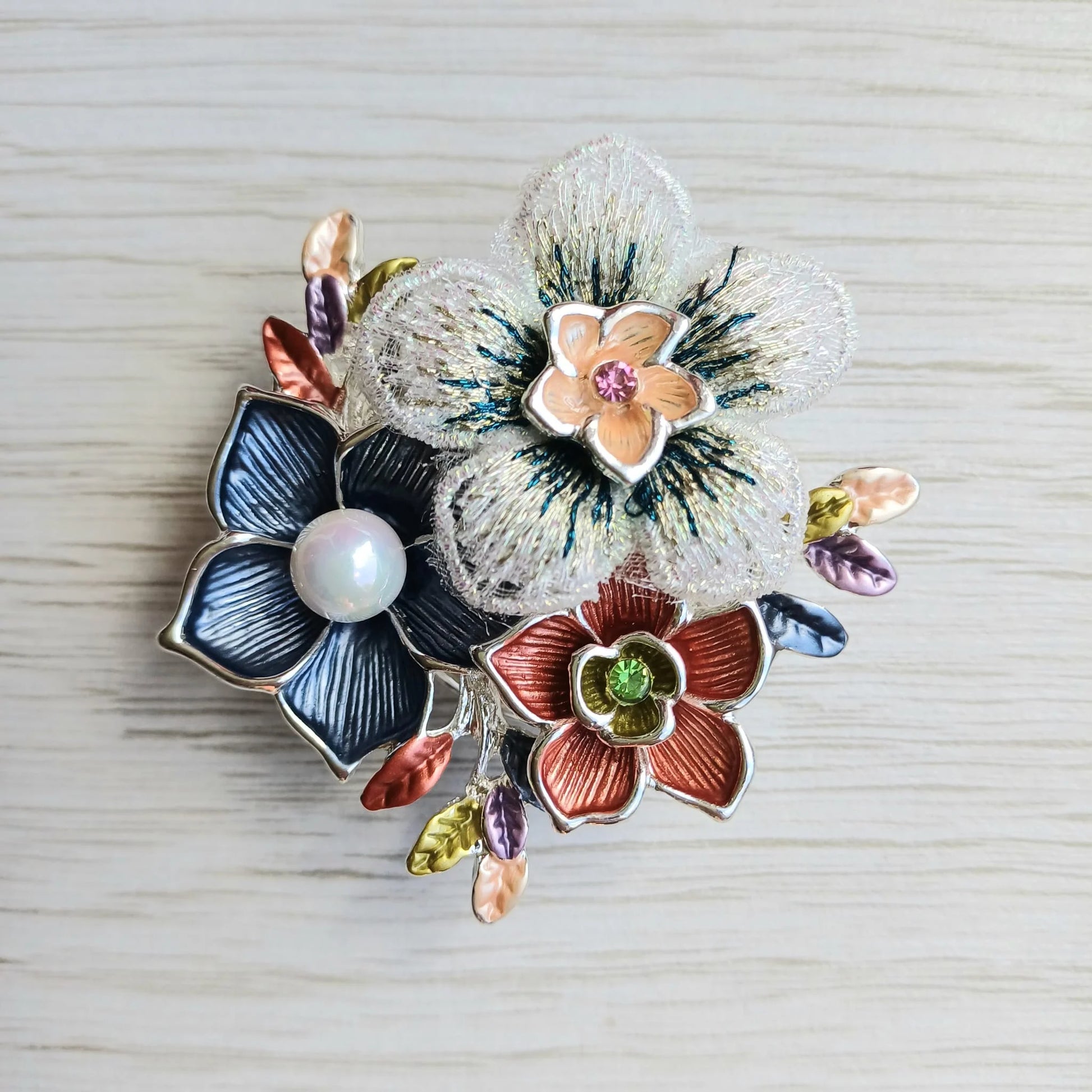 Multicolour magnetic floral brooch with pearl detail for scarves jackets and occasionwear