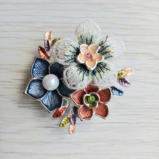 Multicolour magnetic floral brooch with pearl detail for scarves jackets and occasionwear