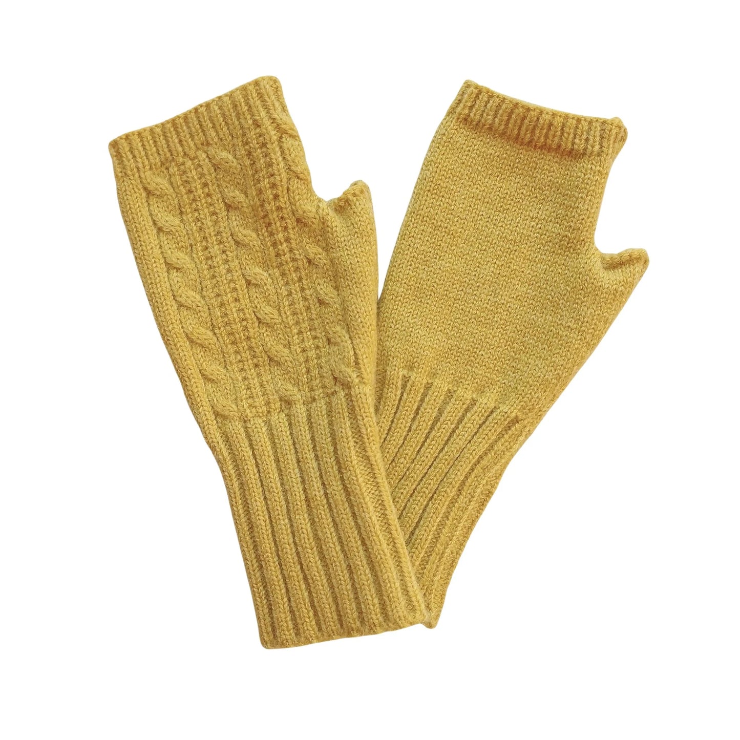 mustard wool blend cable knit fingerless gloves on a white background