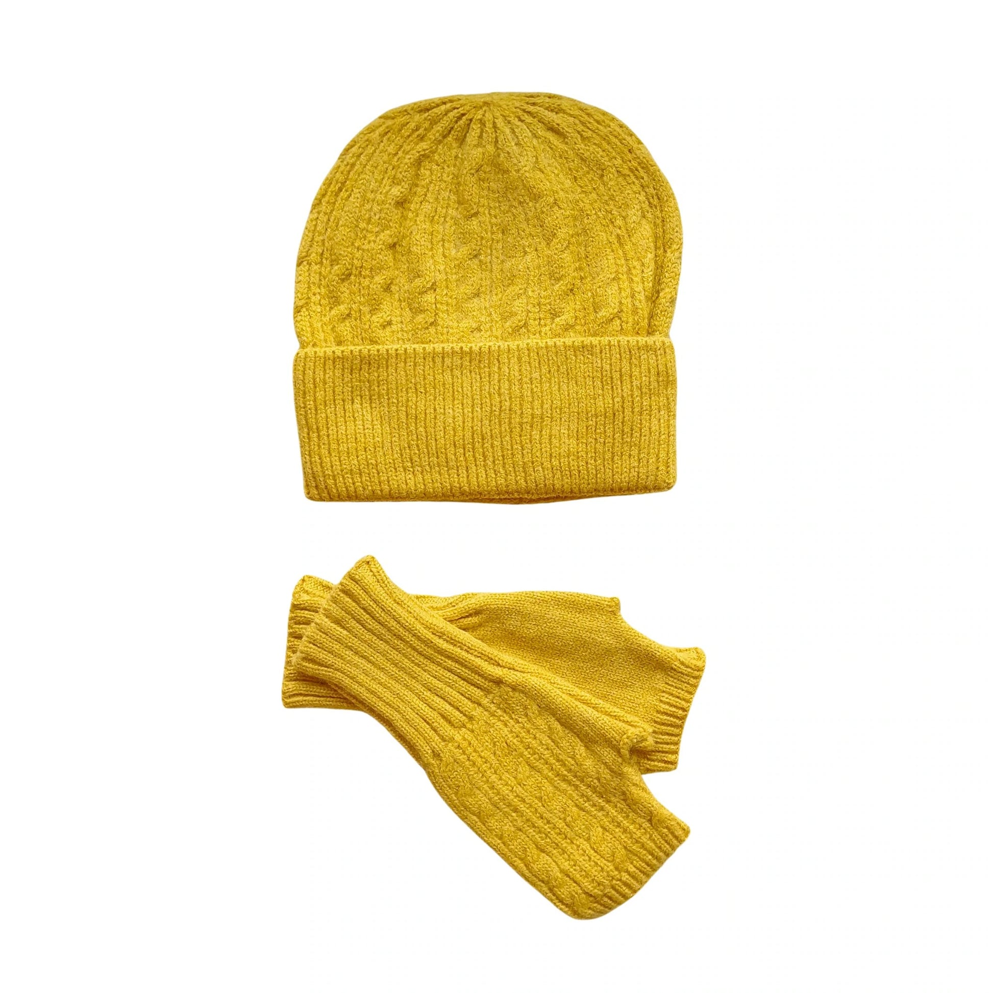 Mustard yellow knitted beanie and fingerless gloves set with cable pattern from Aurora's Array