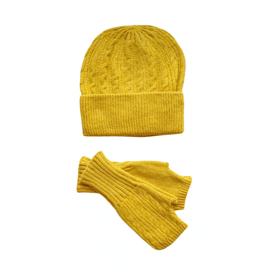 Mustard yellow knitted beanie and fingerless gloves set with cable pattern from Aurora's Array