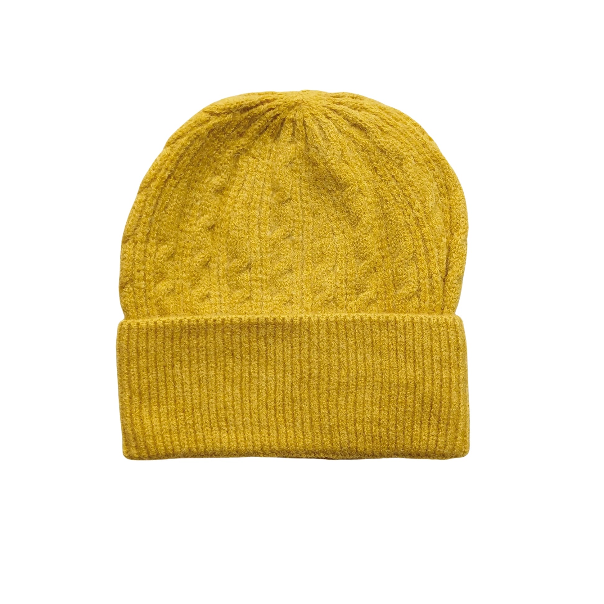 Mustard yellow knitted beanie hat with cable pattern from Aurora's Array