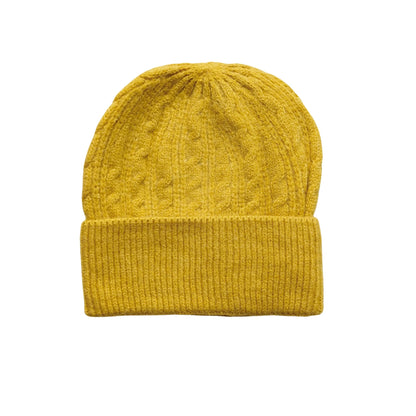 Mustard yellow knitted beanie hat with cable pattern from Aurora's Array
