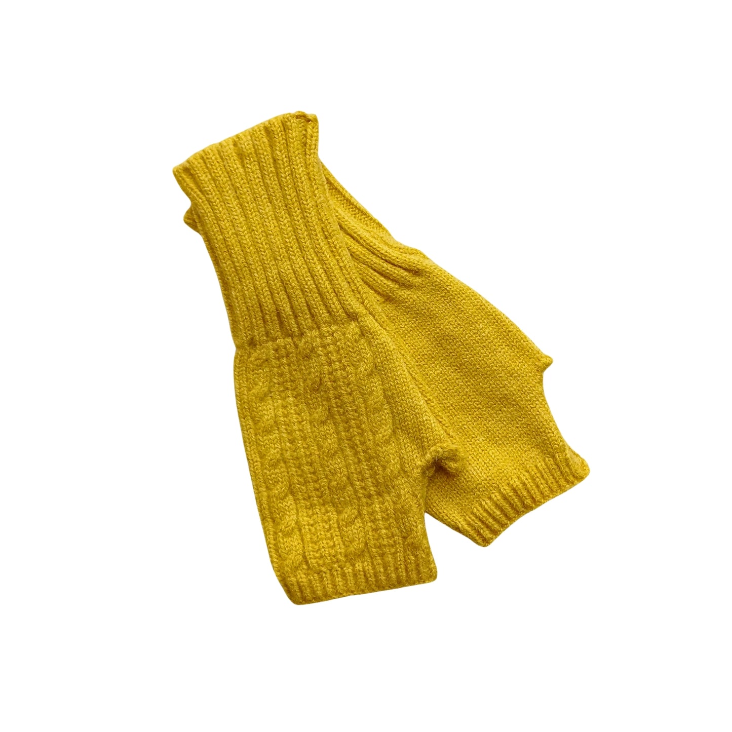 Mustard yellow knitted fingerless gloves with cable pattern from Aurora's Array