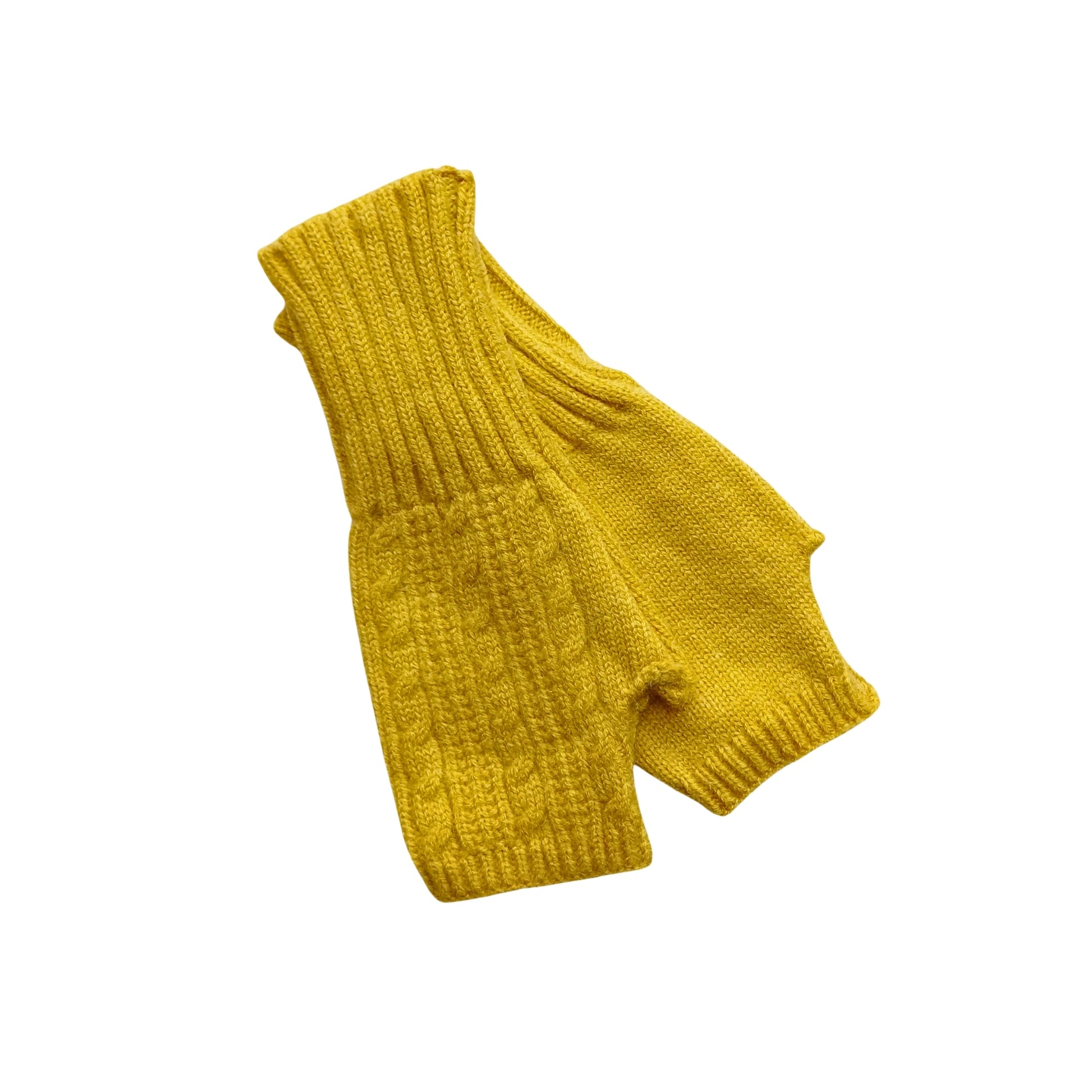 Mustard yellow knitted fingerless gloves with cable pattern from Aurora's Array