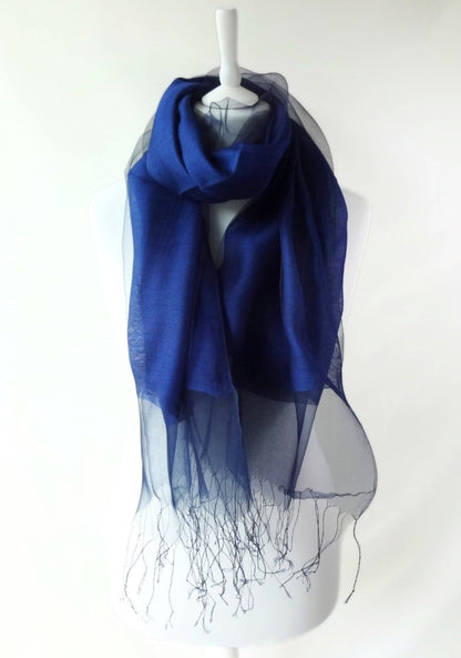 Navy blue double layer organza silk wrap with delicate tassels