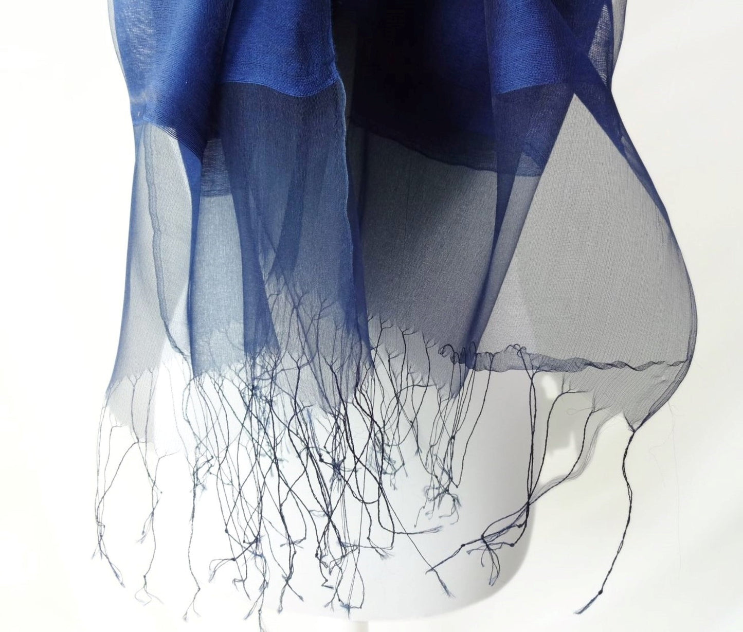 Navy blue organza silk scarf showing sheer double-layer detail