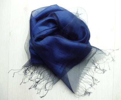 Navy blue double layer organza silk scarf with tassel edge