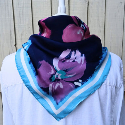 Navy blue floral silky feel square scarf styled with white shirt