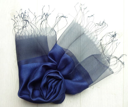 Navy Blue Plain Double Layer Lightweight Organza Silk Scarf|Wrap|Shawl - navy-blue-plain-double-layer-lightweight-organza-silk-scarf-wrap-shawl-Shawl