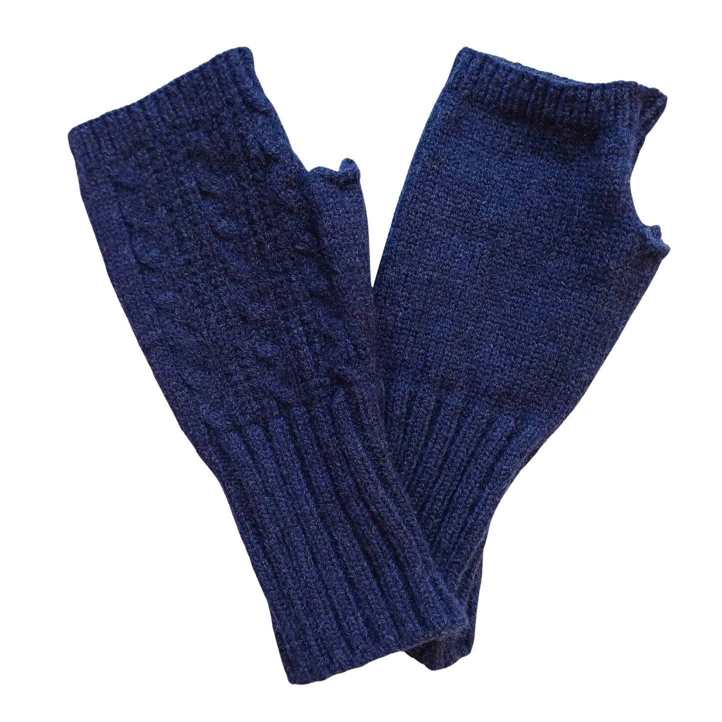 navy wool blend cable knit fingerless gloves on a white background