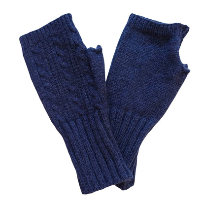 navy wool blend cable knit fingerless gloves on a white background