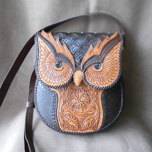 Front view of owl-tooled leather crossbody bag with floral detail – Nox