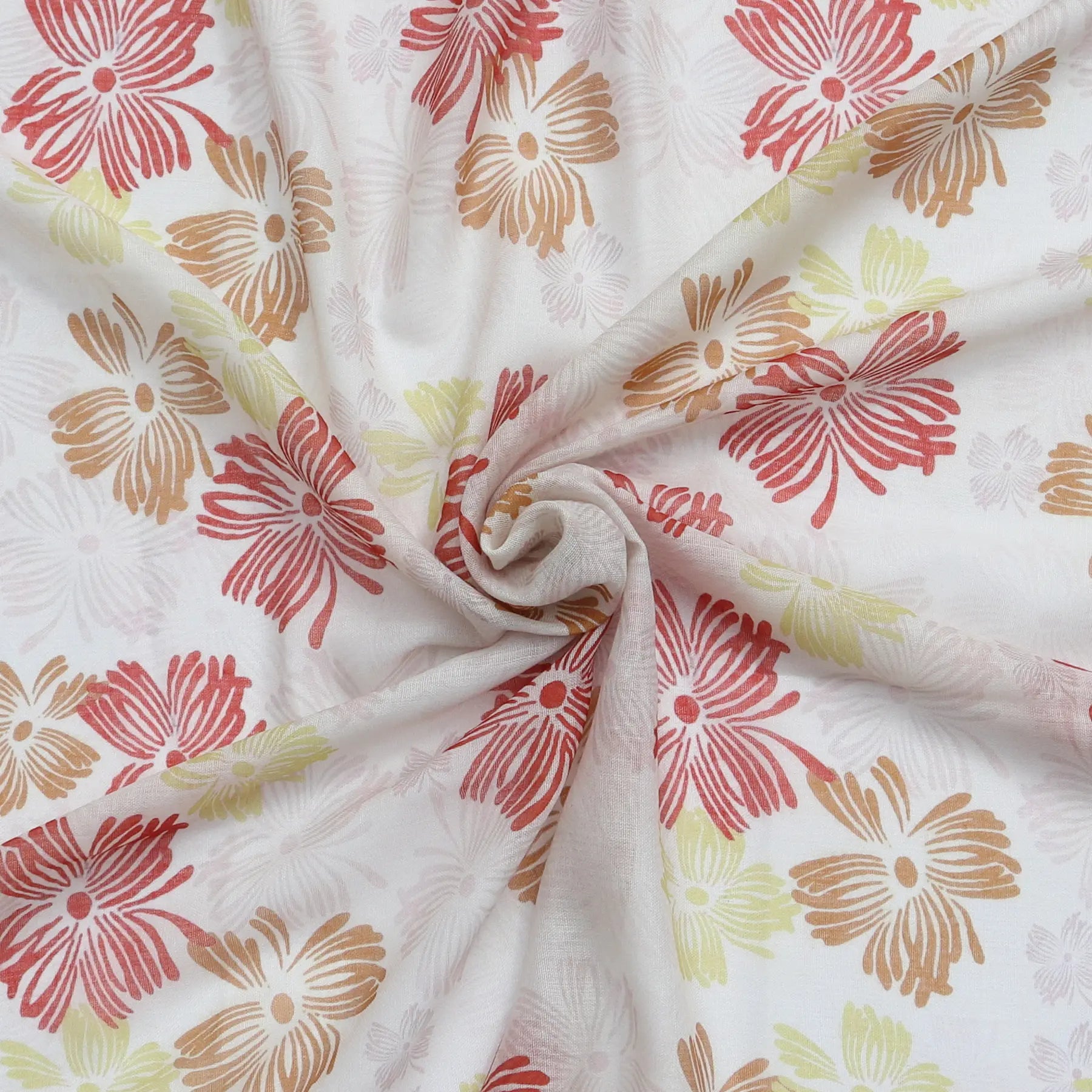 Lightweight pale pink scarf with floral print in red orange and yellow swirled to show texture
