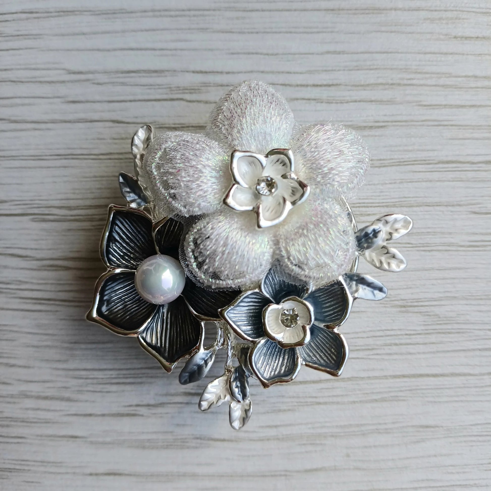 White Pearl black and silver magnetic floral brooch for scarves jackets and dresses