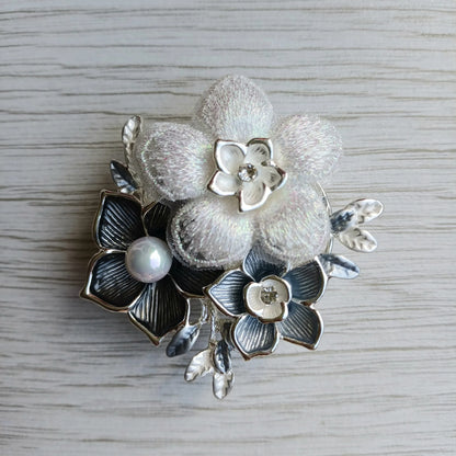 White Pearl black and silver magnetic floral brooch for scarves jackets and dresses