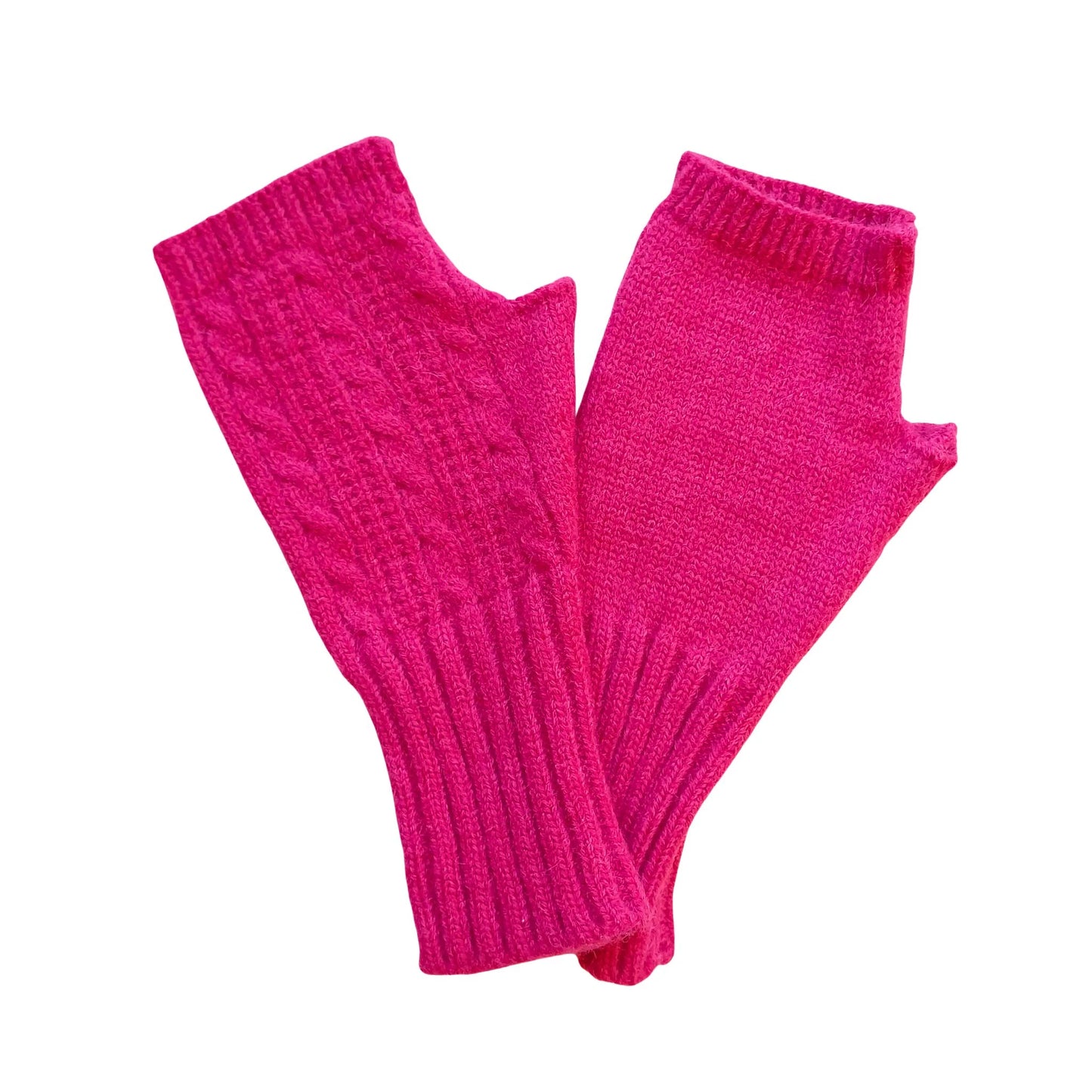 pink wool blend cable knit fingerless gloves on a white background