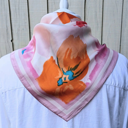 Pink orange floral silky feel square scarf styled with white shirt