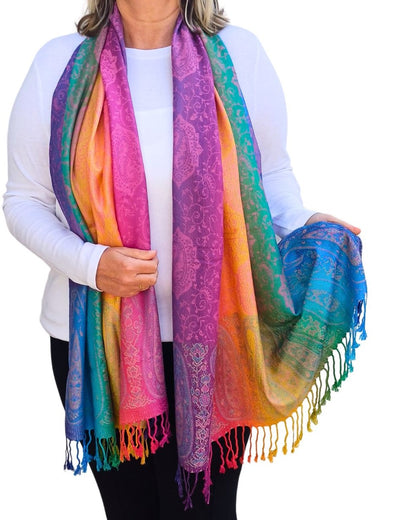 pink rainbow pashmina scarf with paisley pattern and tassel edges