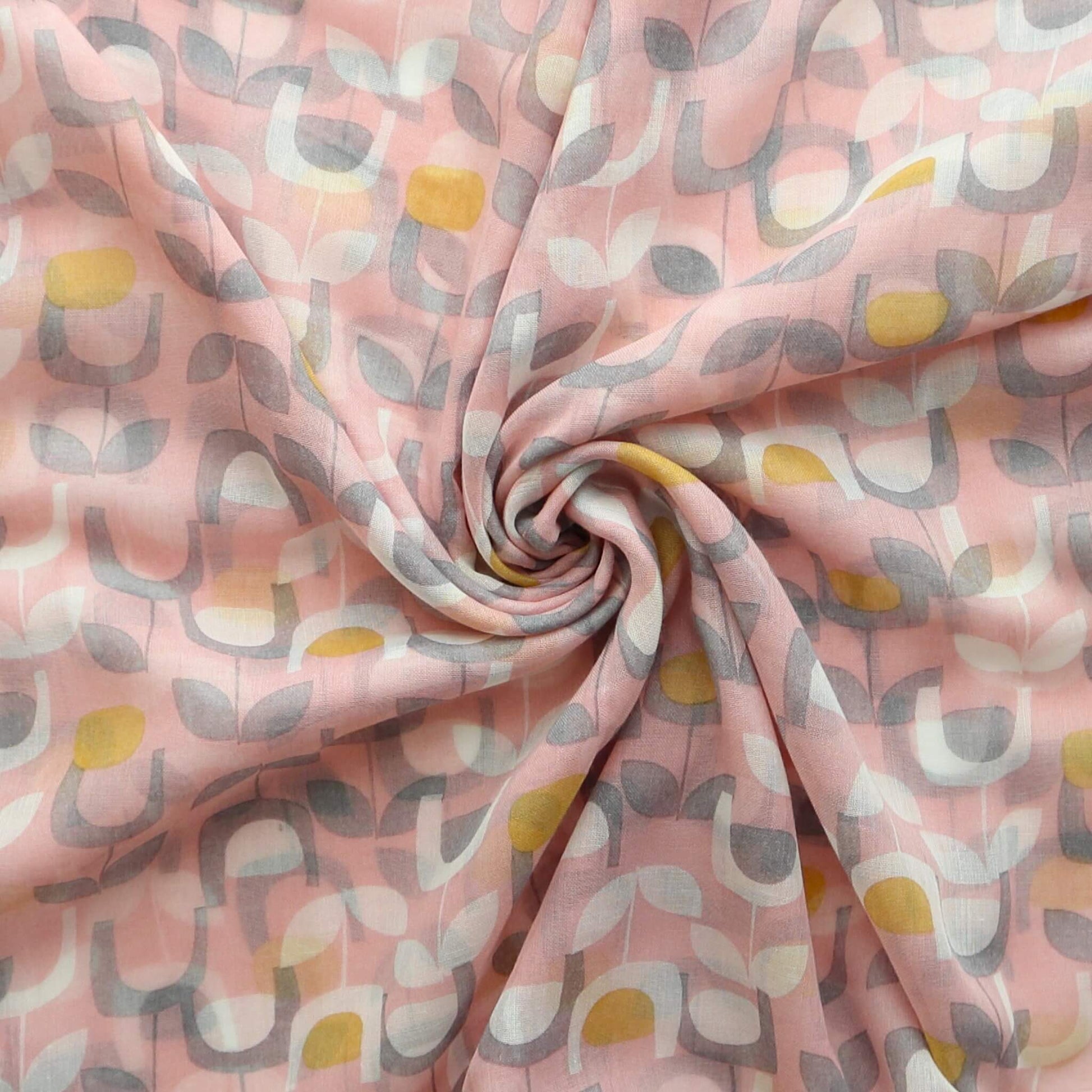 Aurora's Array: Close-up of a soft, lightweight scarf with a retro floral print in shades of pink, grey, white, and yellow, swirled to show detail.
