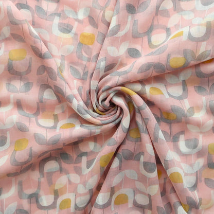 Aurora's Array: Close-up of a soft, lightweight scarf with a retro floral print in shades of pink, grey, white, and yellow, swirled to show detail.