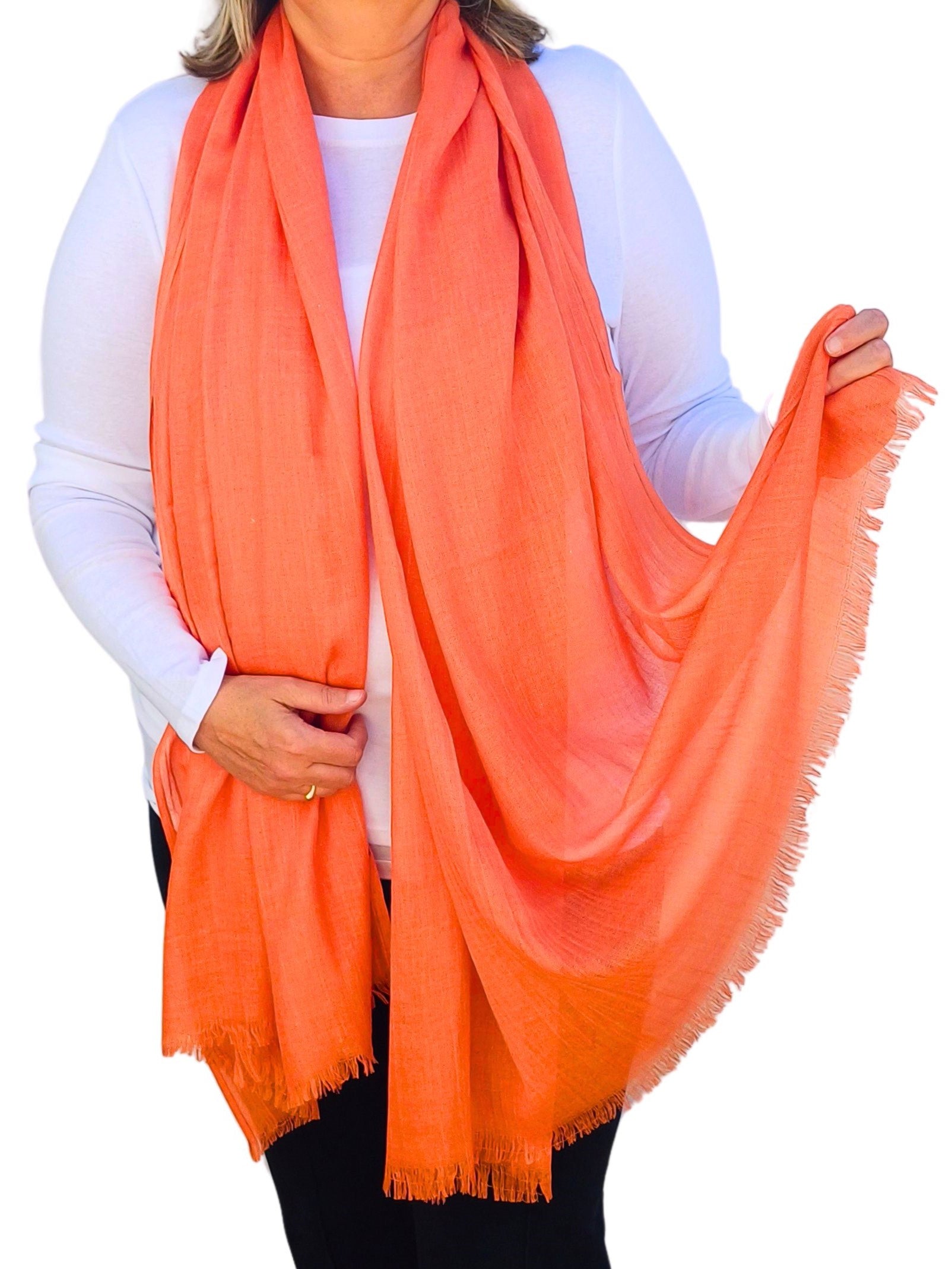 plain Orange soft, cozy large cotton modal scarf shawl, perfect for summer, spring, autumn, winter, worn by a model. - Aurora's Array
