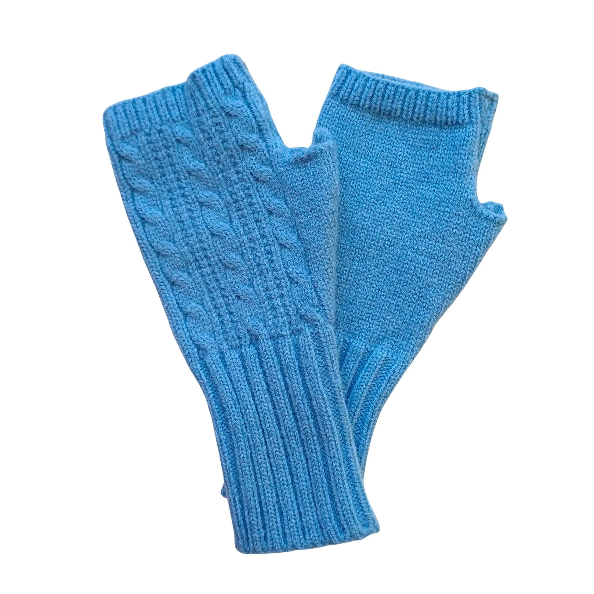 powder blue wool blend cable knit fingerless gloves on a white background