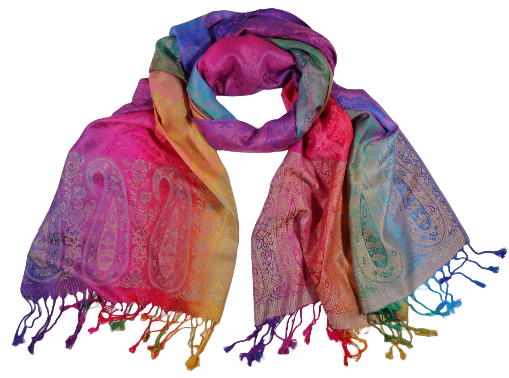 rainbow paisley pashmina scarf with multicolour tassels