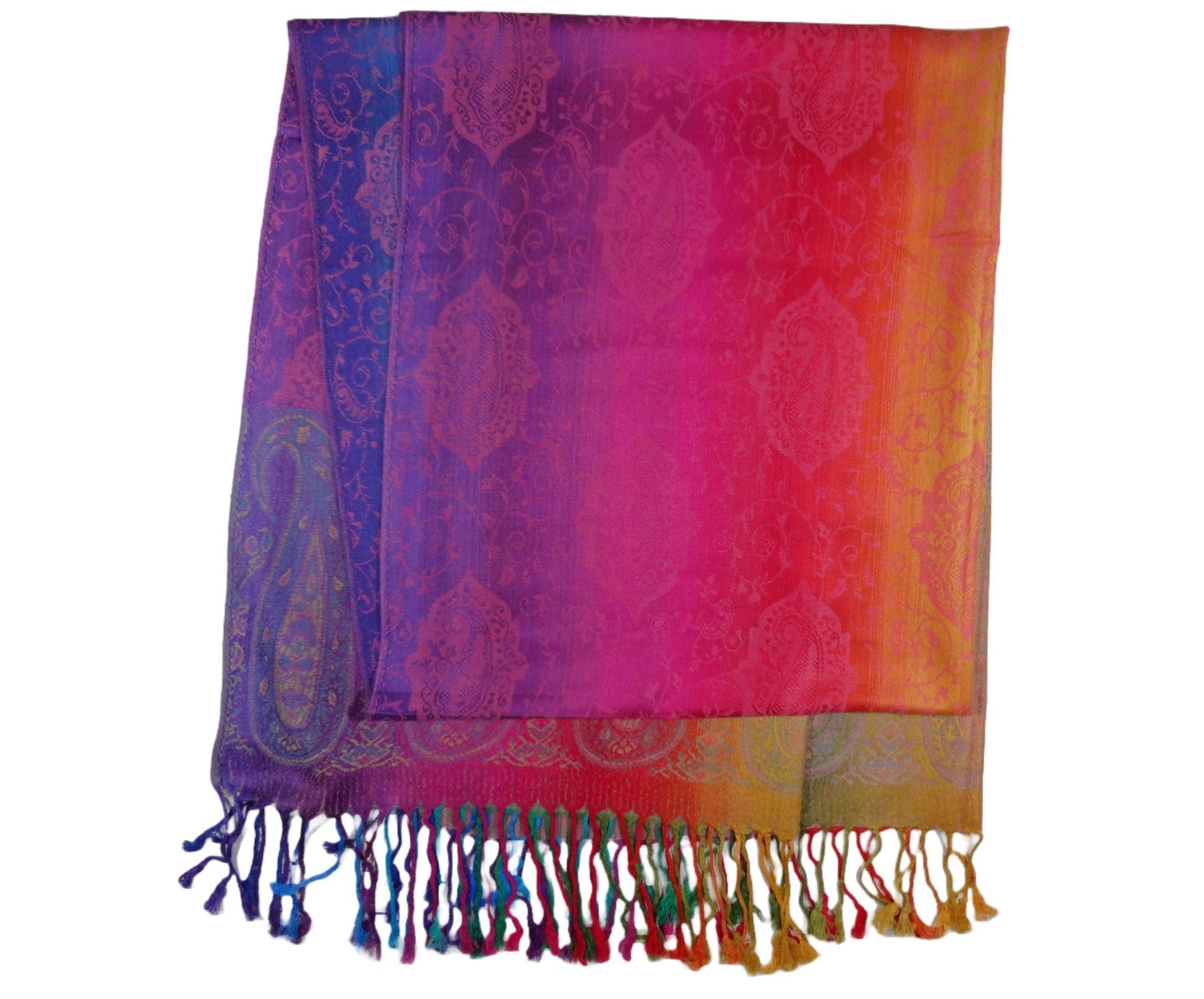 rainbow pashmina shawl with paisley design and multicolour tassels