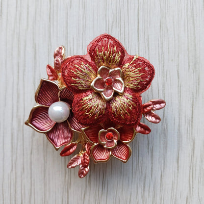 Red magnetic floral brooch with pearl detail for scarves jackets and wedding guest outfits