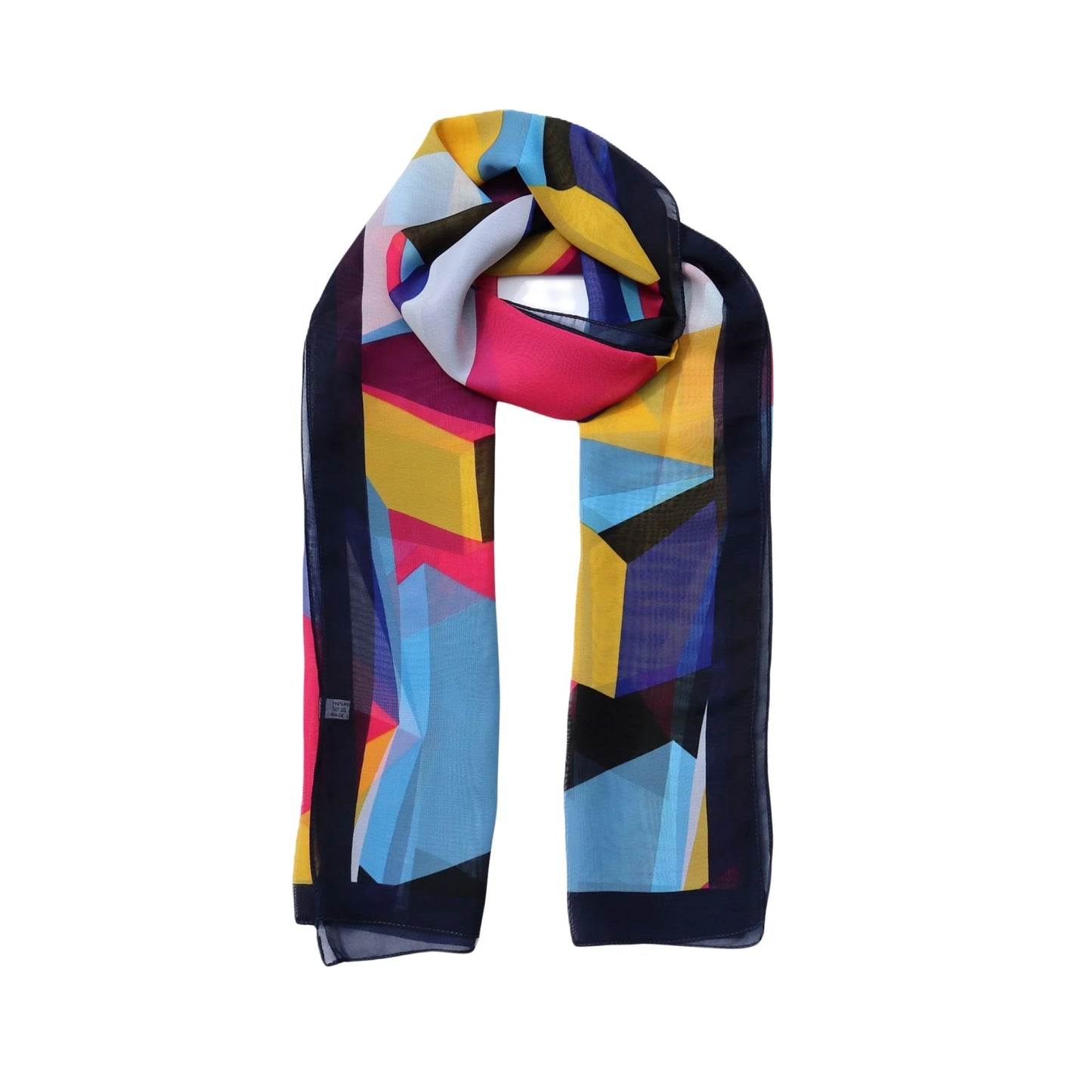Retro geometric print scarf in navy blue and bold colours, chiffon-style and lightweight