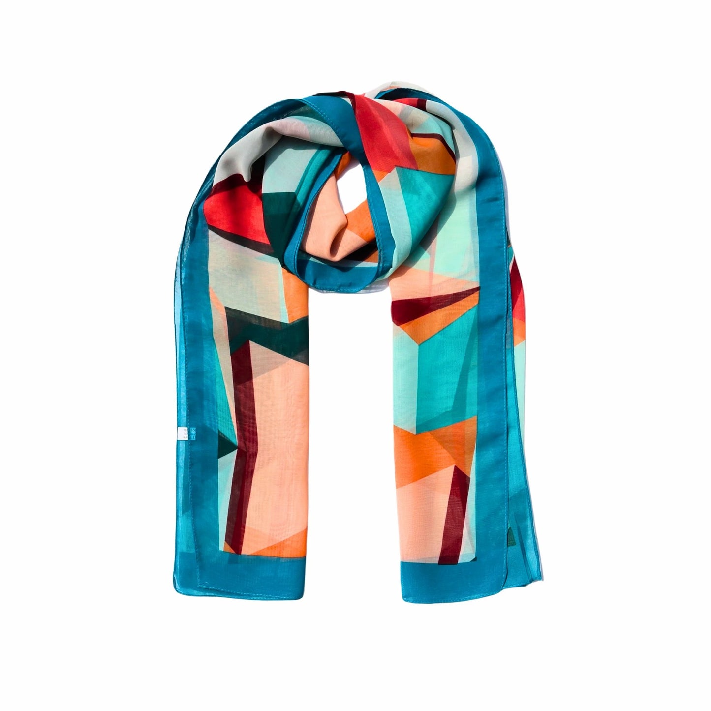 Retro geometric chiffon-style scarf in teal, orange and white tones